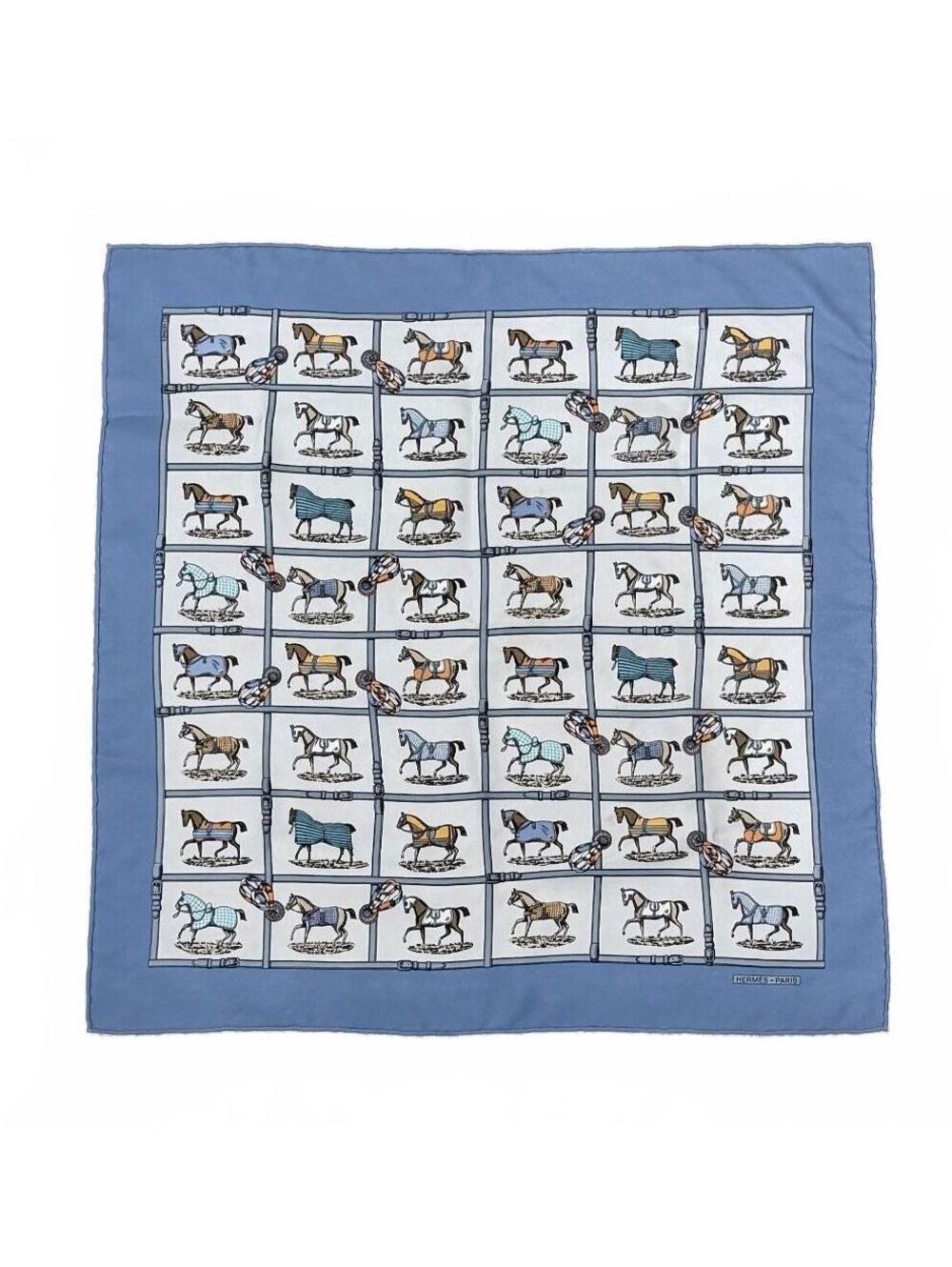 Hermes Les Petits Chevaux Blue Horse Blanket 16" x 16.5" Silk Pocket Square